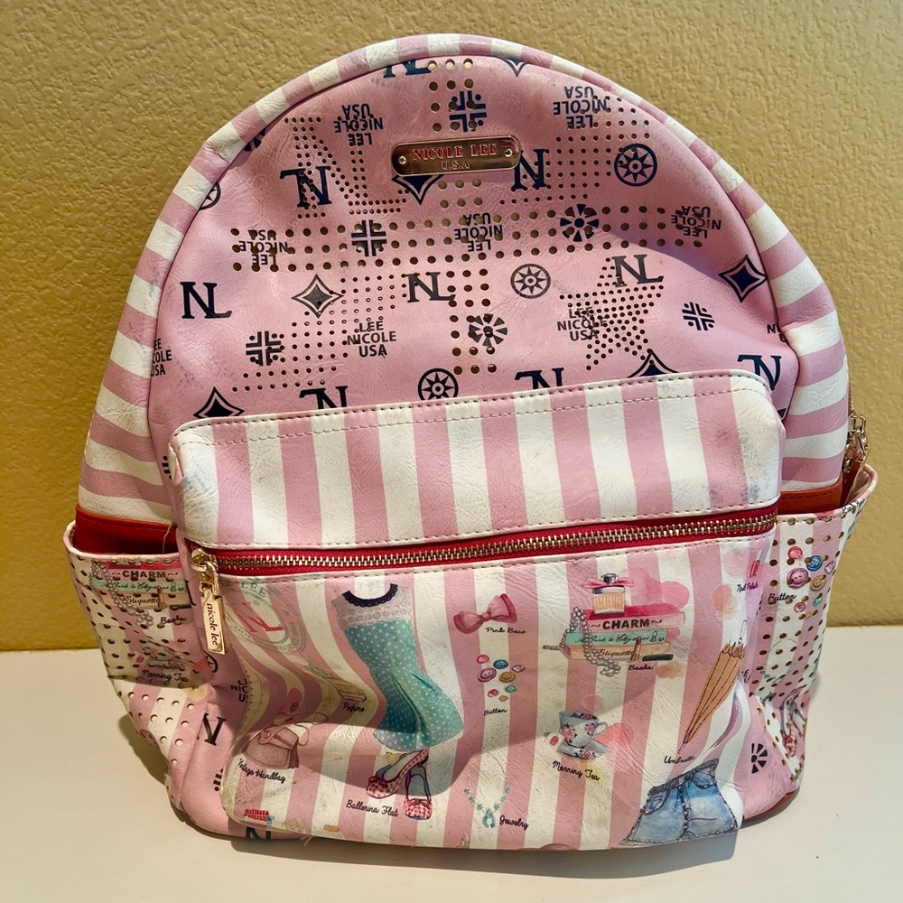 Nicole Lee Pink & White Leather Striped Boutique Backpack Pre-owned - super cute
